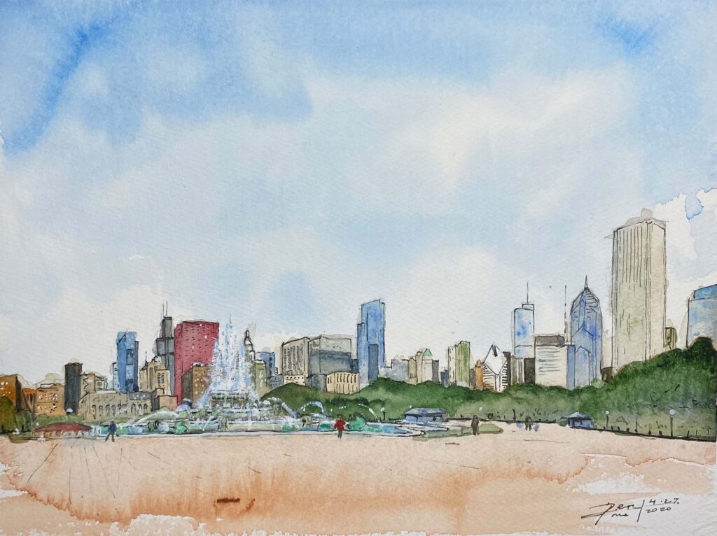 "Buckingham Fountain, Chicago", Watercolor on Paper, 18 in. x 12 in. (April 2020), Sold. © Gian Luca Ferme