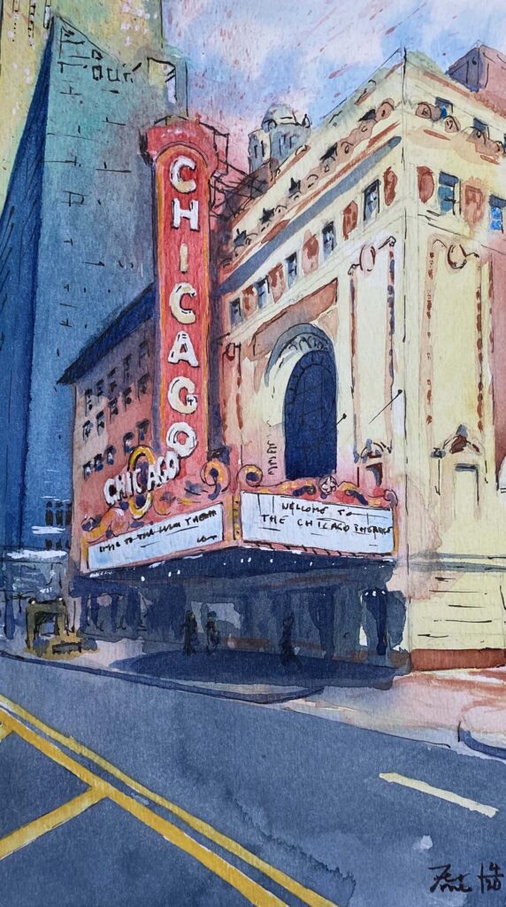 "Chicago Theatre", Watercolor on Paper, 5 in. x 10 in. (April 2020), Sold. © Gian Luca Ferme.
