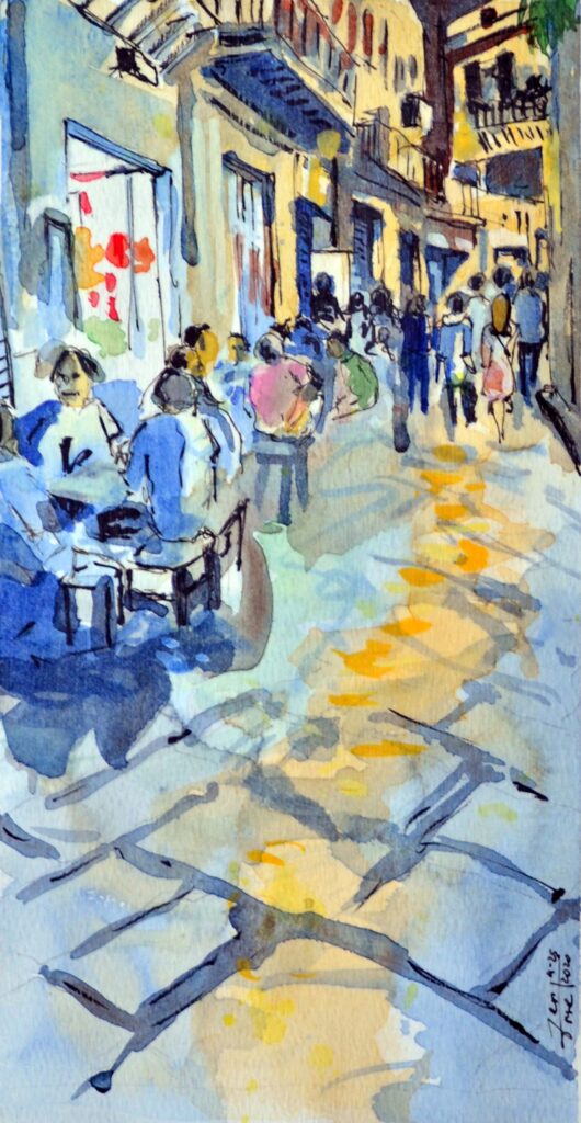 "Alley at Night, Palermo", Watercolor on Paper, 5.⅛ in. x 10.⅛ in. (April 2020). © Gian Luca Ferme.