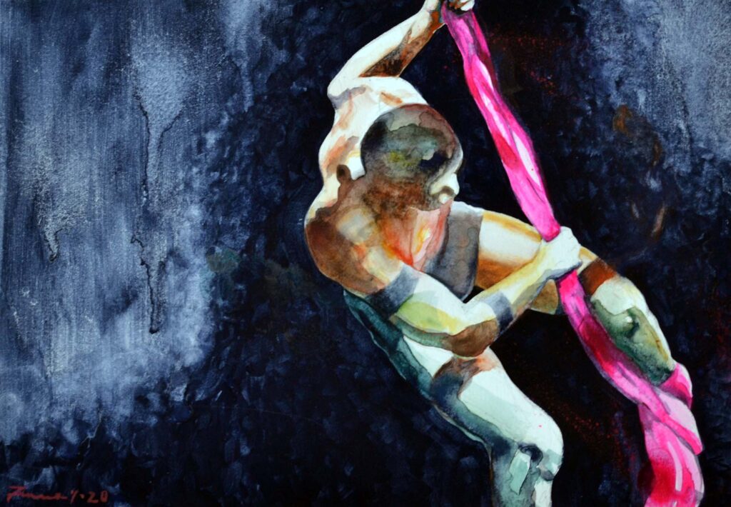 "Andrea Paoli #1" (from the Aerialist Series), 9 in. x 13 in. (22.86 cm. x 33.02 cm.), Watercolor on Paper, September 2020. © Gian Luca Ferme.