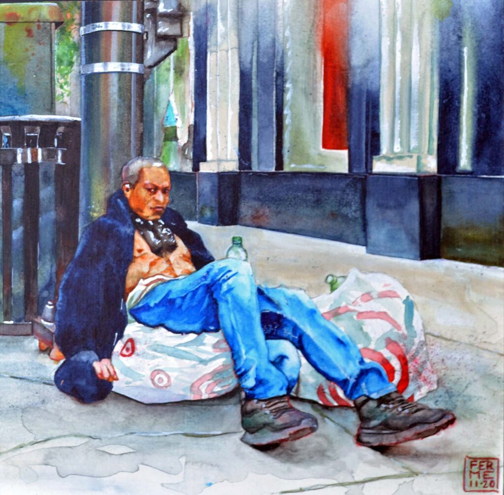 "State Street, 4:30 p.m.", Watercolor on Paper Mounted on Cradled Board, 10 in. x 10 in. (November 2020). © Gian Luca Ferme.