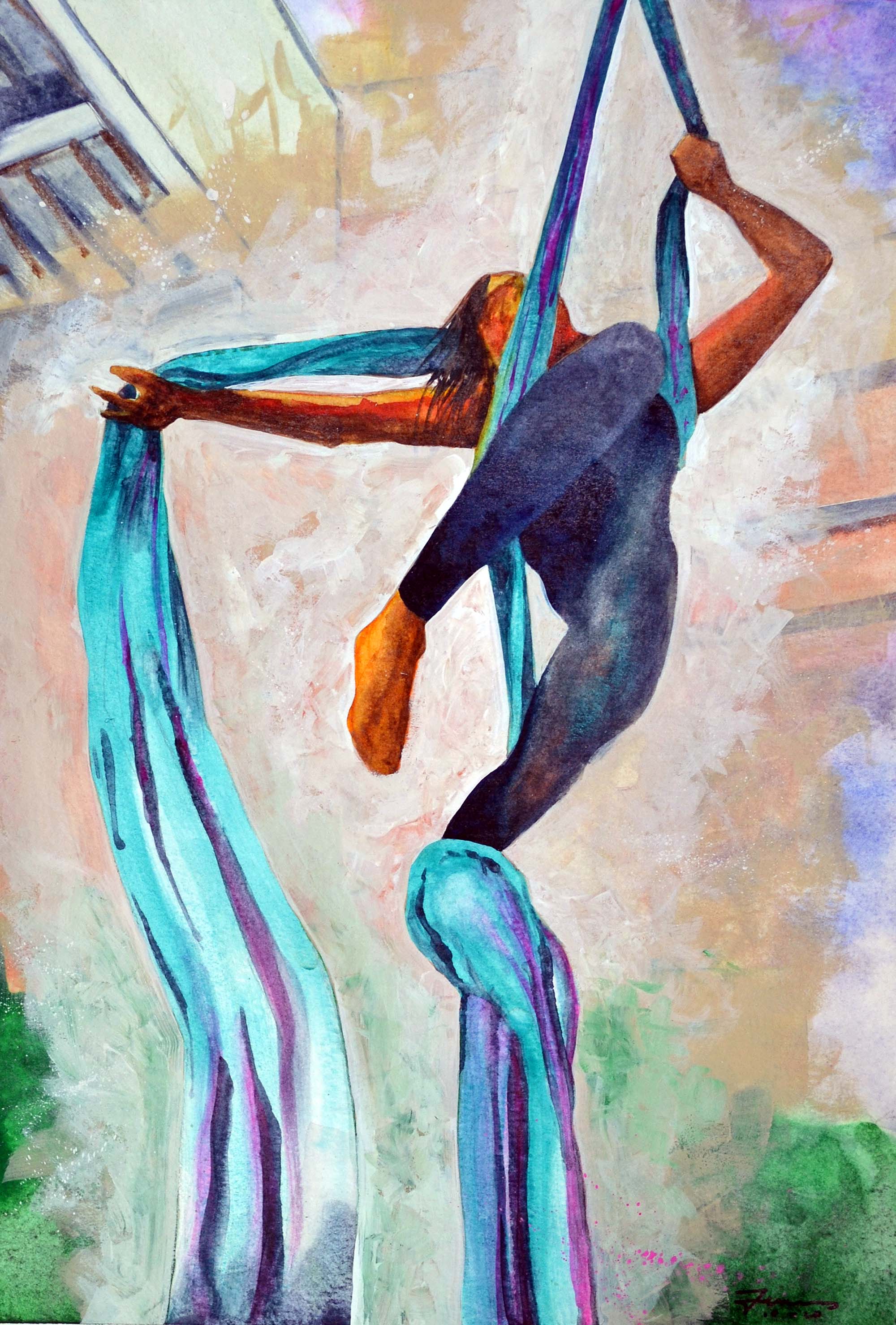 "airlerina #2" (from the Aerialist Series), 9 in. x 13 in. (22.86 cm. x 33.02 cm.), Watercolor on Paper, October 2020. © Gian Luca Ferme.