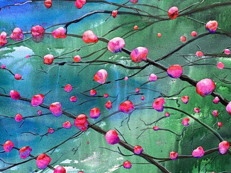"Claudia's Crabapple Tree", Watercolor on paper mounted on cradled panel, 20 in. x 14 in., (January, 2021). © Gian Luca Ferme.