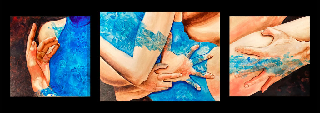 "Camilla and Federico's Hands", (Triptych). Watercolor on Caolin-Coated Boards, 8" x 8", 9" x 12", 8" x 8". © Gian Luca Ferme.