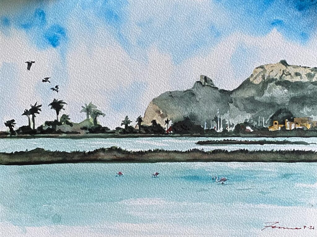 "Salt Beds of Molentargius, Cagliari", Watercolor on Paper (July 2021). © Gian Luca Ferme.