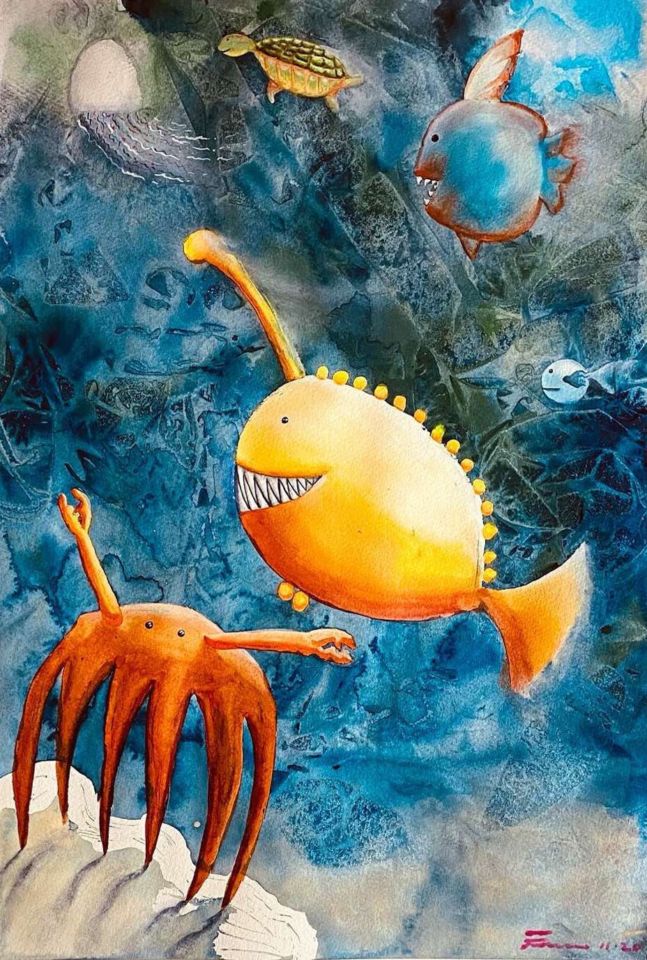 From my son Leonardo's drawing of marine life. Watercolor on paper. © Gian Luca Ferme.