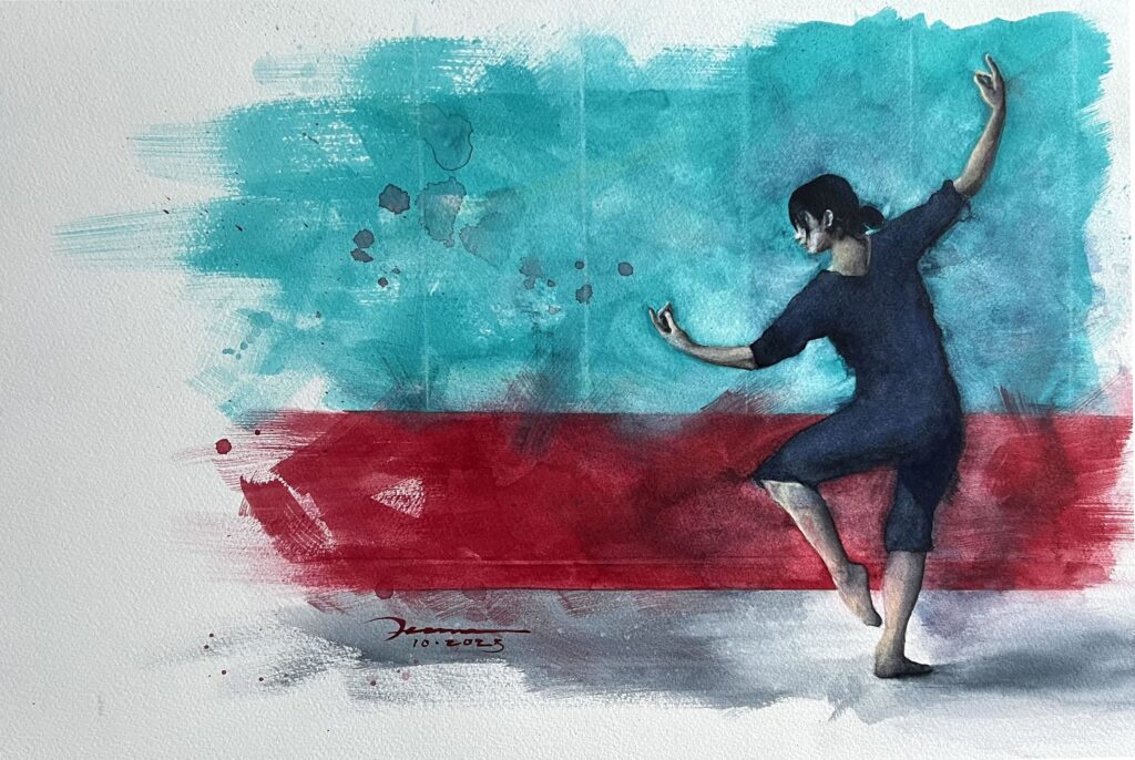 "Yukiko Dances, Fan Pose", Watercolor on Paper (2024). © Gian Luca Ferme.