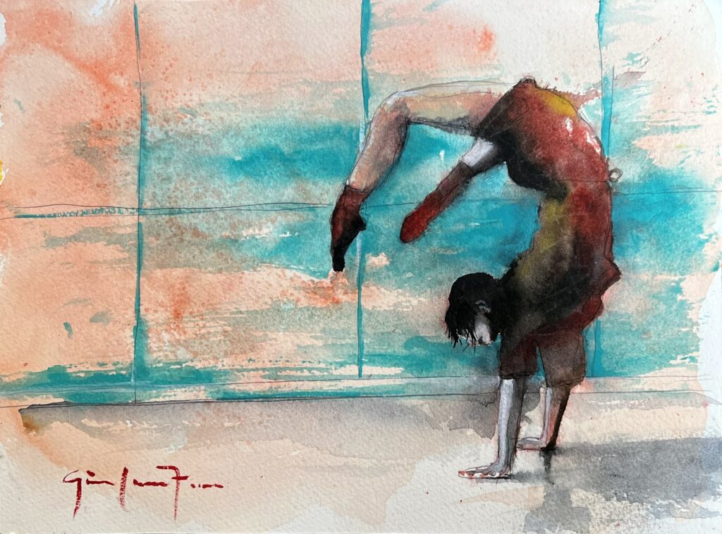 "Yukiko Dances, Hand Stand", Watercolor on Paper, (2024). © Gian Luca Ferme.