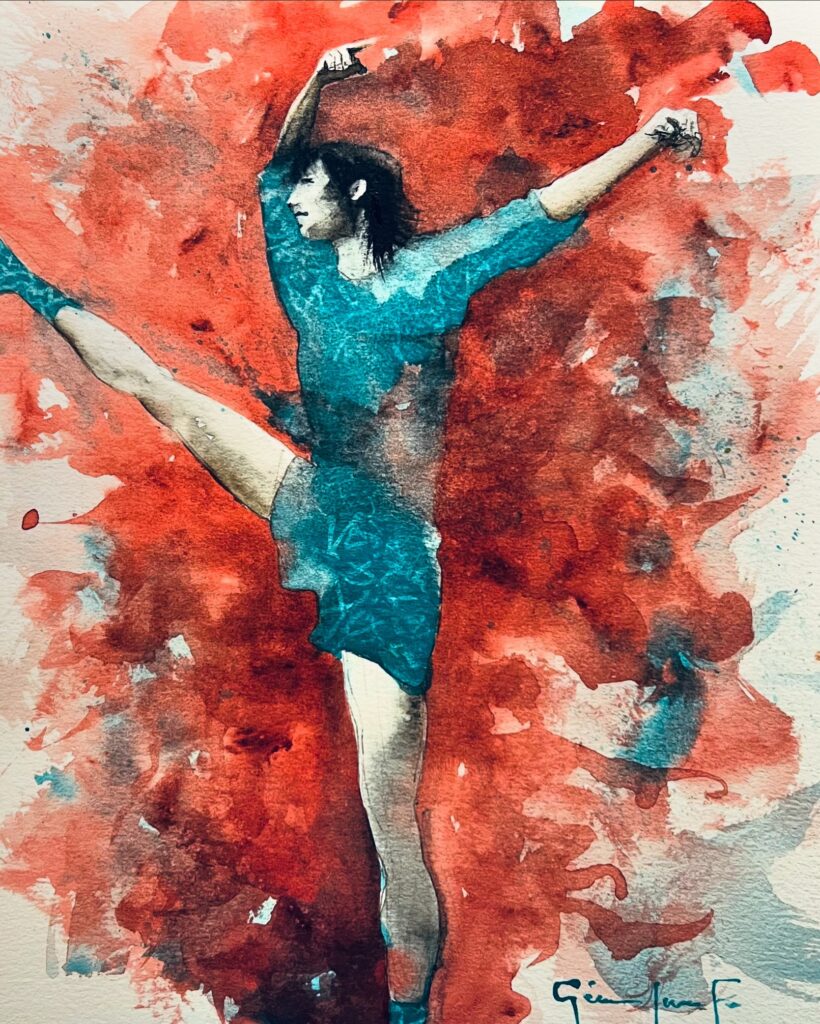 "Yukiko Dances, Jump", Watercolor on Paper, (2024). © Gian Luca Ferme.